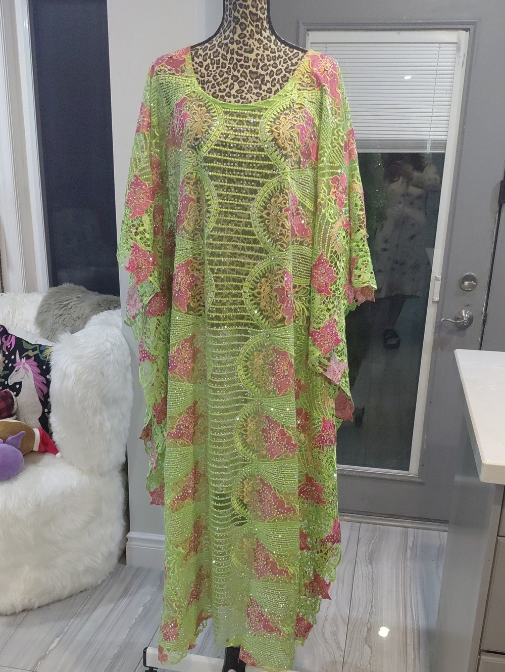 Lime Green & Pink Sequin Embellished Women's Caftan Dress